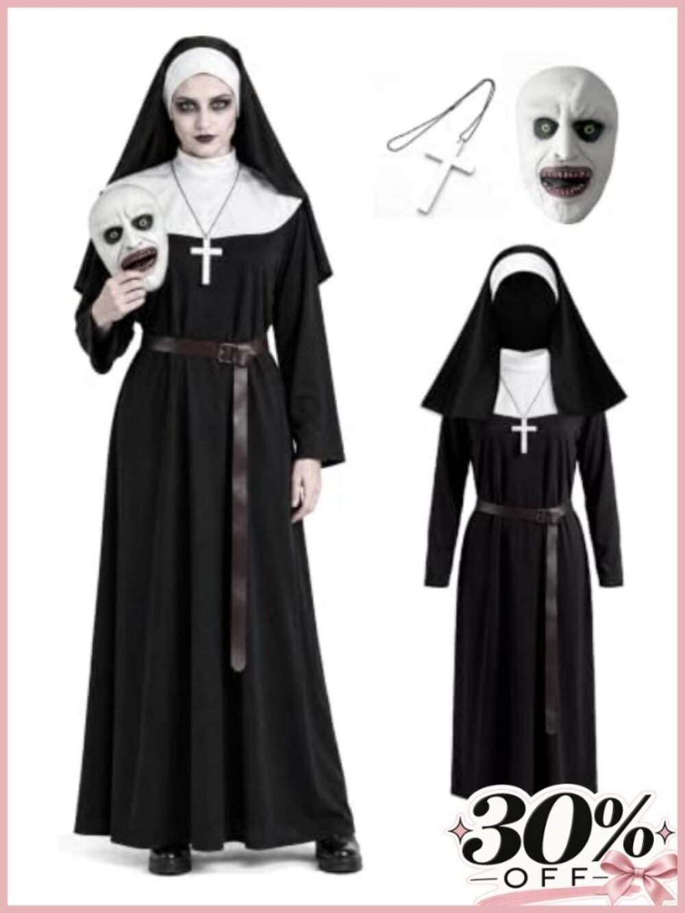 Scary Nun Halloween Costume Unisex Complete Set with Mask Robe